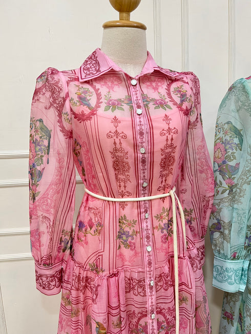 High Fashion Multi Color Floral Print Collar Down Waist Rope Dress
